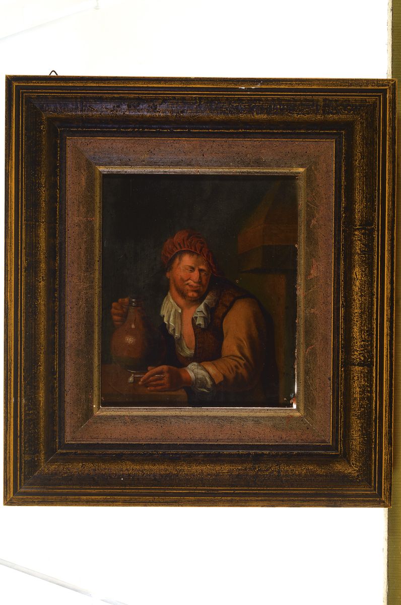 Detail k: Unbekannter Maler, 2. Hälfte 18. Jh., Porträt eines Mannes mit Weinkrug und Tabakpfeife, Öl/Holz, doubliert, ca. 19x17cm, R. ca. 35x32cm