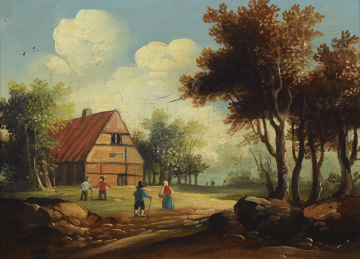 Detail a: Unbekannter Künstler, um 1900, 2 Pendants, Landshcaften mit Angler bzw. Bauernhaus, Öl auf Kupferplatte, je ca. 13x18cm, R. ca. 22x27cm