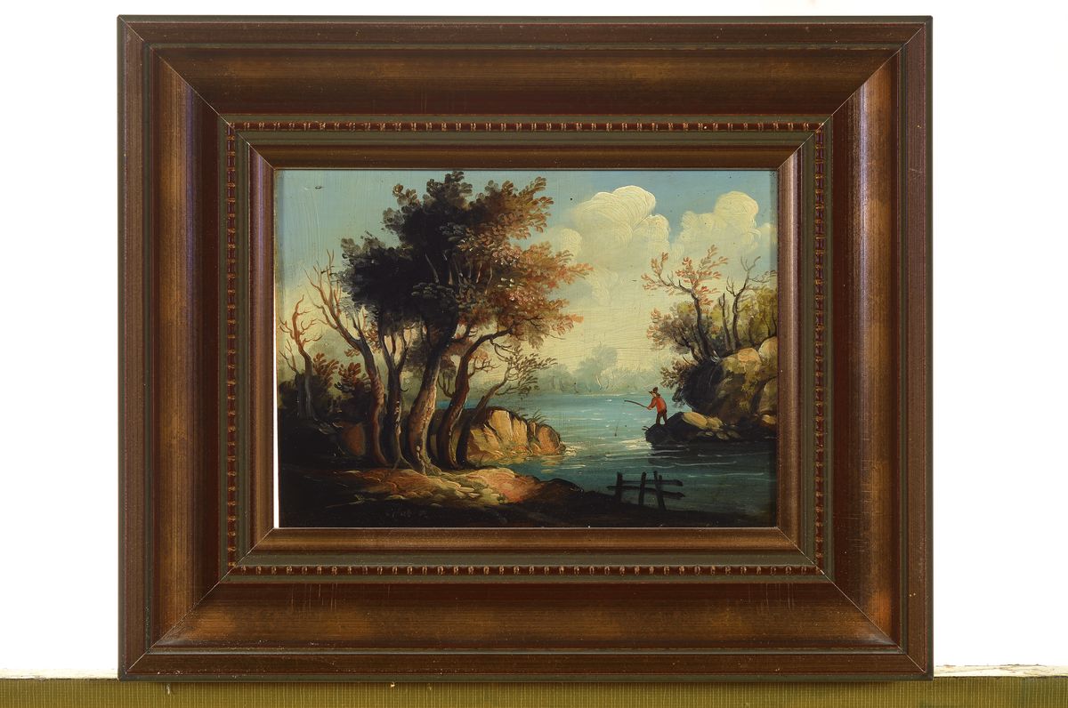 Detail k: Unbekannter Künstler, um 1900, 2 Pendants, Landshcaften mit Angler bzw. Bauernhaus, Öl auf Kupferplatte, je ca. 13x18cm, R. ca. 22x27cm