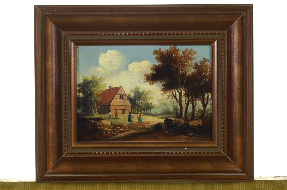 Detail l: Unbekannter Künstler, um 1900, 2 Pendants, Landshcaften mit Angler bzw. Bauernhaus, Öl auf Kupferplatte, je ca. 13x18cm, R. ca. 22x27cm
