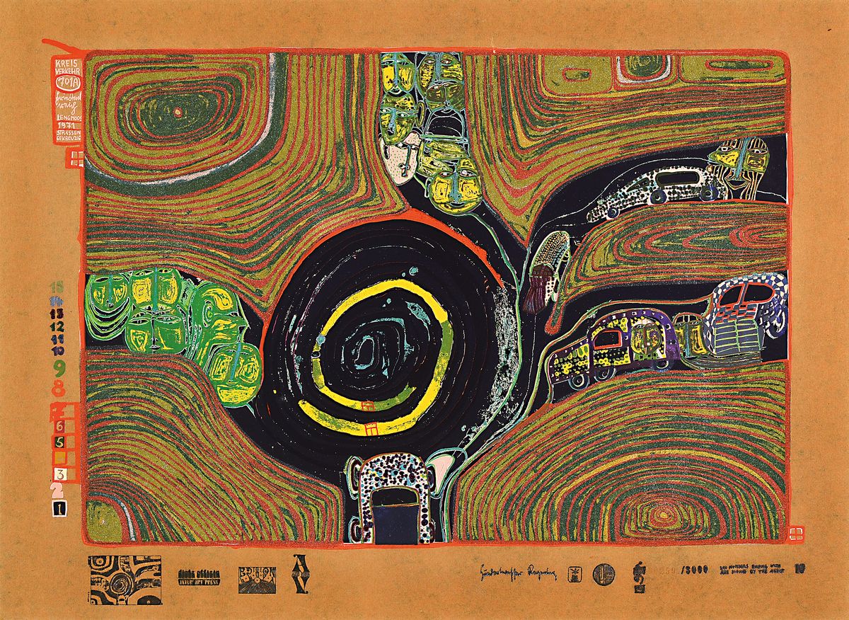 Friedensrich Hundertwasser, 1928-2000, Kreiverkehr, Farbserigraphie mit Metallfolien-Prägung, num. 259/3000, ca. 49x67cm, u.Gl., R. ca. 64x79cm