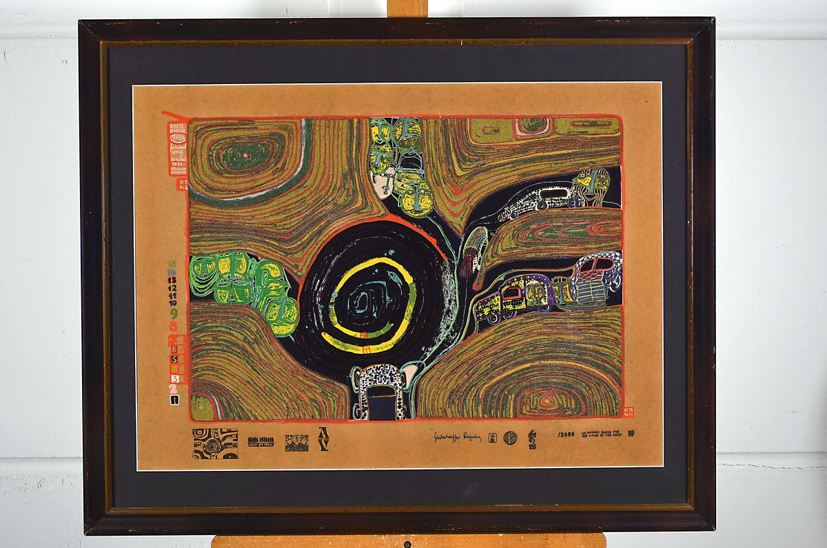 Detail k: Friedensrich Hundertwasser, 1928-2000, Kreiverkehr, Farbserigraphie mit Metallfolien-Prägung, num. 259/3000, ca. 49x67cm, u.Gl., R. ca. 64x79cm