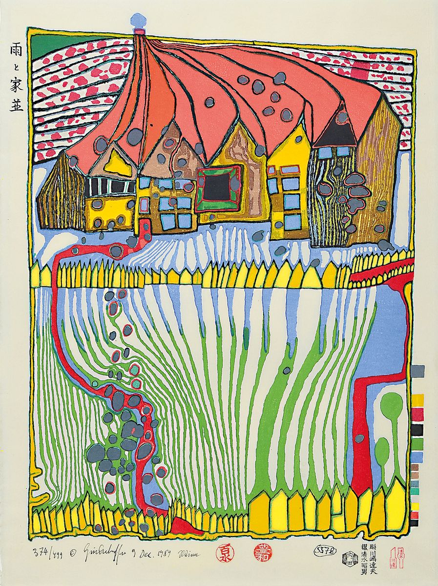 Friedensreich Hundertwasser, 1928-2000, Do not wait houses, Farbholzschnitt von 1989, handsigniert, num. 374/499, ca. 57x42.5cm, u. Glas, R. ca. ...