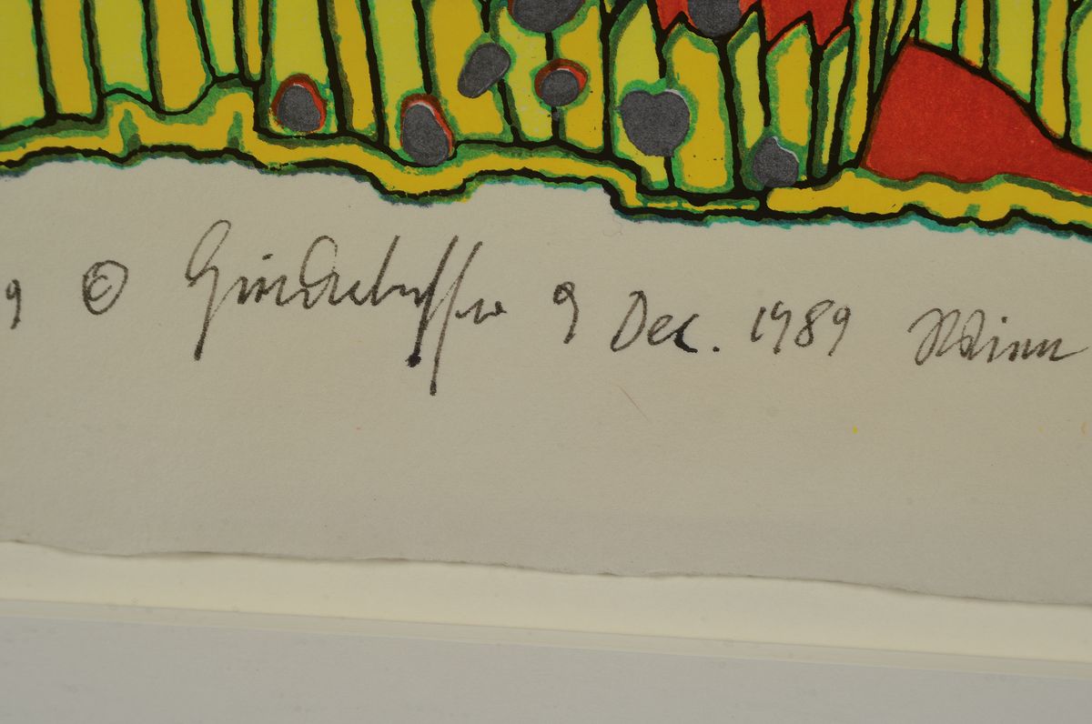 Detail a: Friedensreich Hundertwasser, 1928-2000, Do not wait houses, Farbholzschnitt von 1989, handsigniert, num. 374/499, ca. 57x42.5cm, u. Glas, R. ca. ...