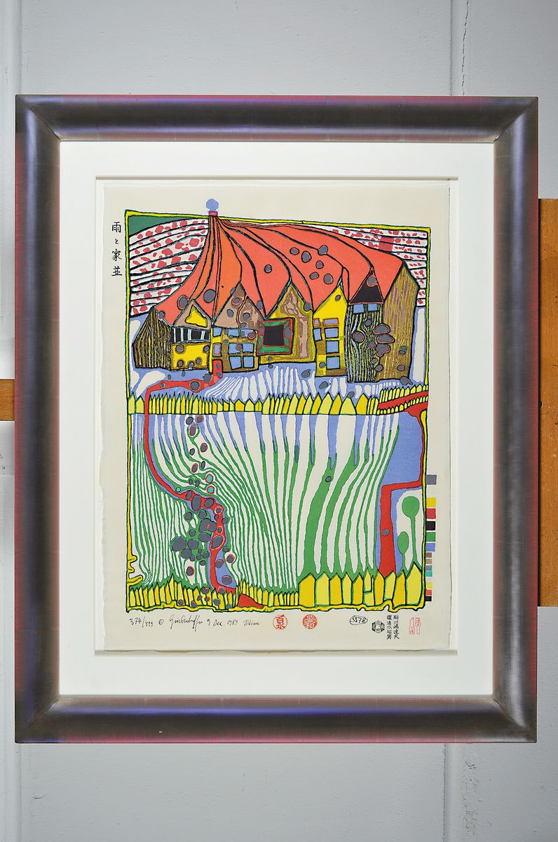 Detail k: Friedensreich Hundertwasser, 1928-2000, Do not wait houses, Farbholzschnitt von 1989, handsigniert, num. 374/499, ca. 57x42.5cm, u. Glas, R. ca. ...