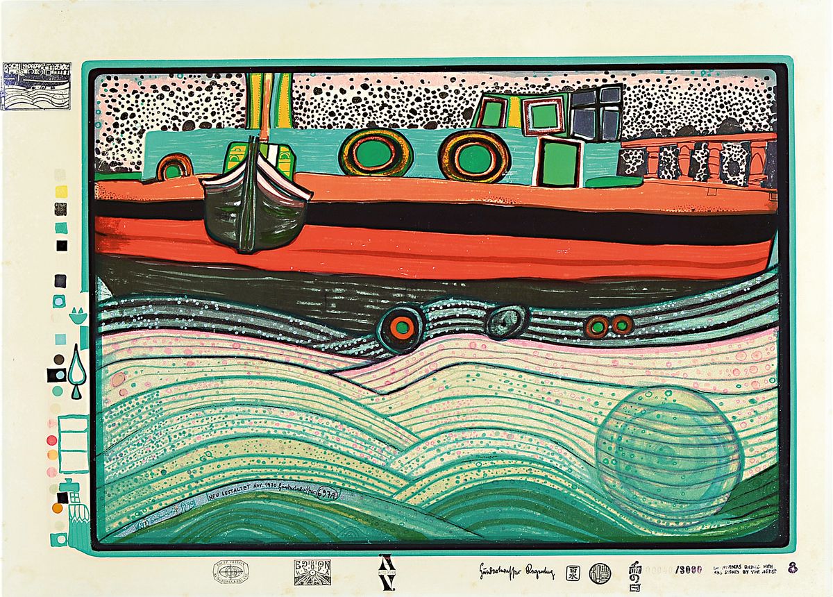 Friedensreich Hundertwasser, 1928-2000, Regentag auf Liebe Wellen, Farbserigraphie, Blatt 8 der Mappe, drucksigniert, num. 40/3000, leicht fleckig, ...