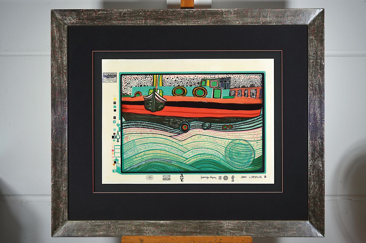 Detail k: Friedensreich Hundertwasser, 1928-2000, Regentag auf Liebe Wellen, Farbserigraphie, Blatt 8 der Mappe, drucksigniert, num. 40/3000, leicht fleckig, ...