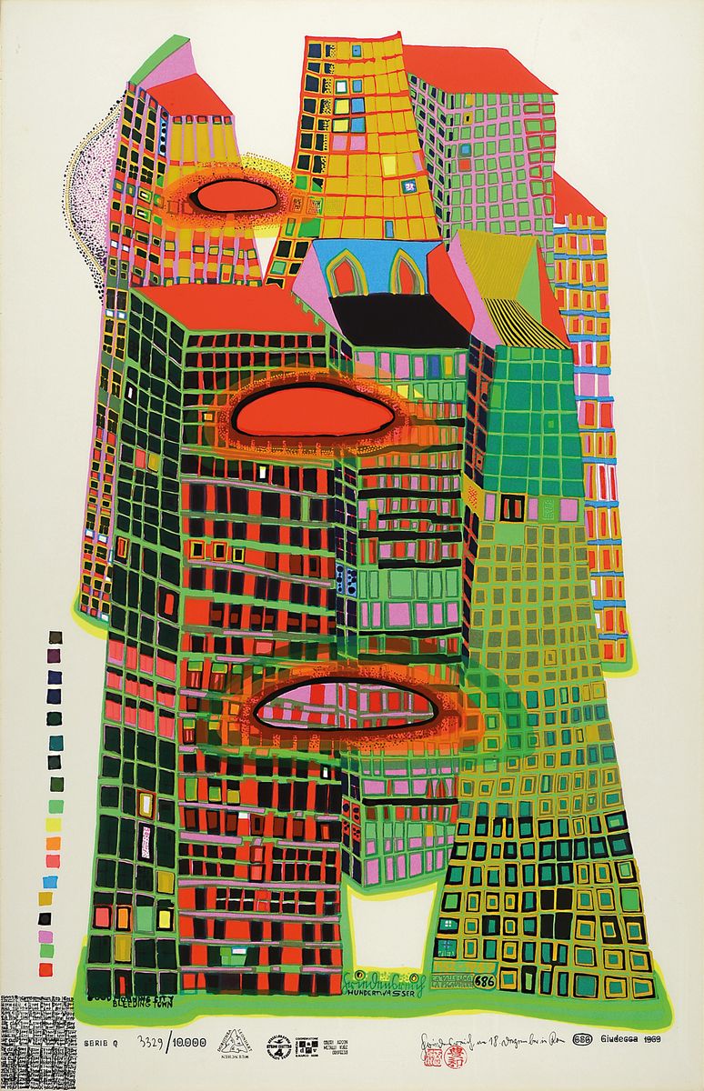 Friedensreich Hundertwasser, 1928-2000, Good Morning City Bleeding Town, Farbserigraphie mit Metallfolienprägung, von 1969, num. 3329/10000, ca. ...