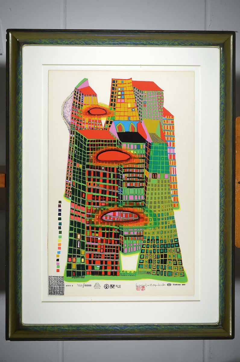 Detail k: Friedensreich Hundertwasser, 1928-2000, Good Morning City Bleeding Town, Farbserigraphie mit Metallfolienprägung, von 1969, num. 3329/10000, ca. ...