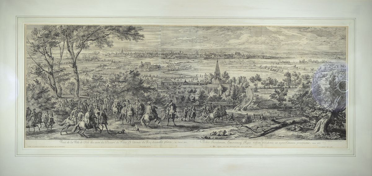 Frans Vander Meulen, Kupferstich, dat. 1685, Veué de la Ville l´Isle du coste du Prieuré de Tiues, et l'armée du Roy devant la place, en ...