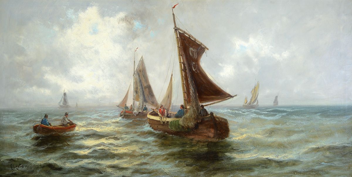 E. Loster, wohl britischer Maler, 2. Hälfte 19. Jh., Fischerboote auf See, Öl/Lwd restauriert, li. unten signiert, ca. 60 x 112 cm bzw. 96 x 152 ...