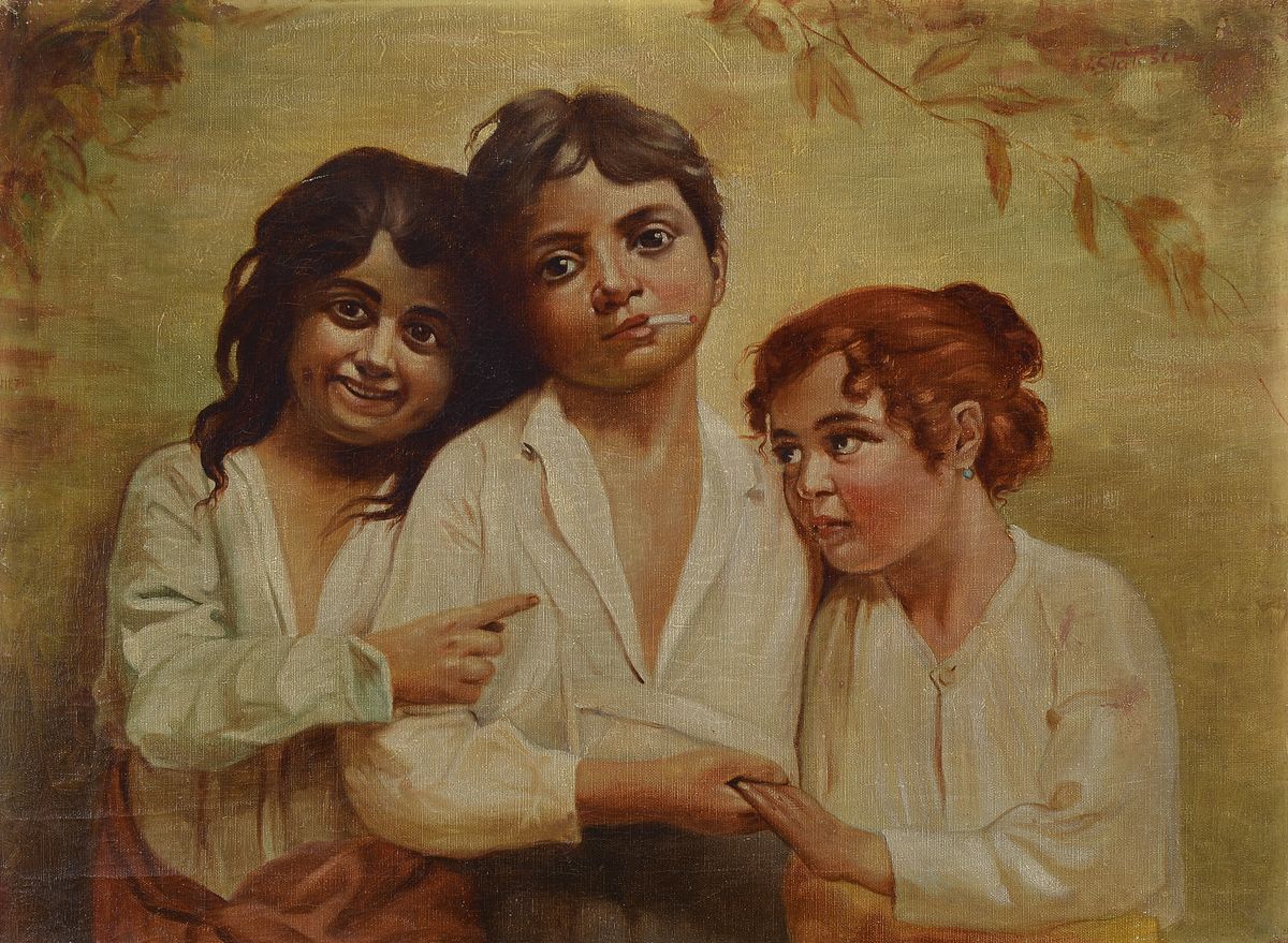 Ioan Statescu, 1892-1968, drei Kinder, der Junge in der Mitte eine Zigarette rauchend, Öl/Lwd auf Malkarton, doubliert, ca. 46x62cm, R. ca.57x73cm
