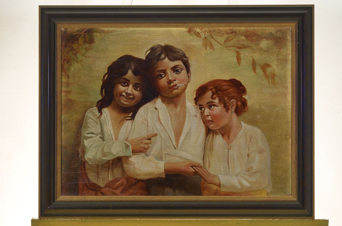 Detail k: Ioan Statescu, 1892-1968, drei Kinder, der Junge in der Mitte eine Zigarette rauchend, Öl/Lwd auf Malkarton, doubliert, ca. 46x62cm, R. ca.57x73cm