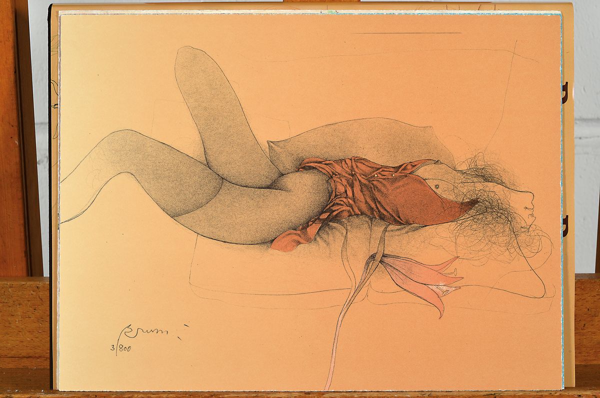Detail l: Bruno Bruni, geb. 1935, Die Rückkehr zum schönen, Buch mit Texten von Alfons W. Biermann, drei Lithografien, A Spasso con la luna, "Iris und ...