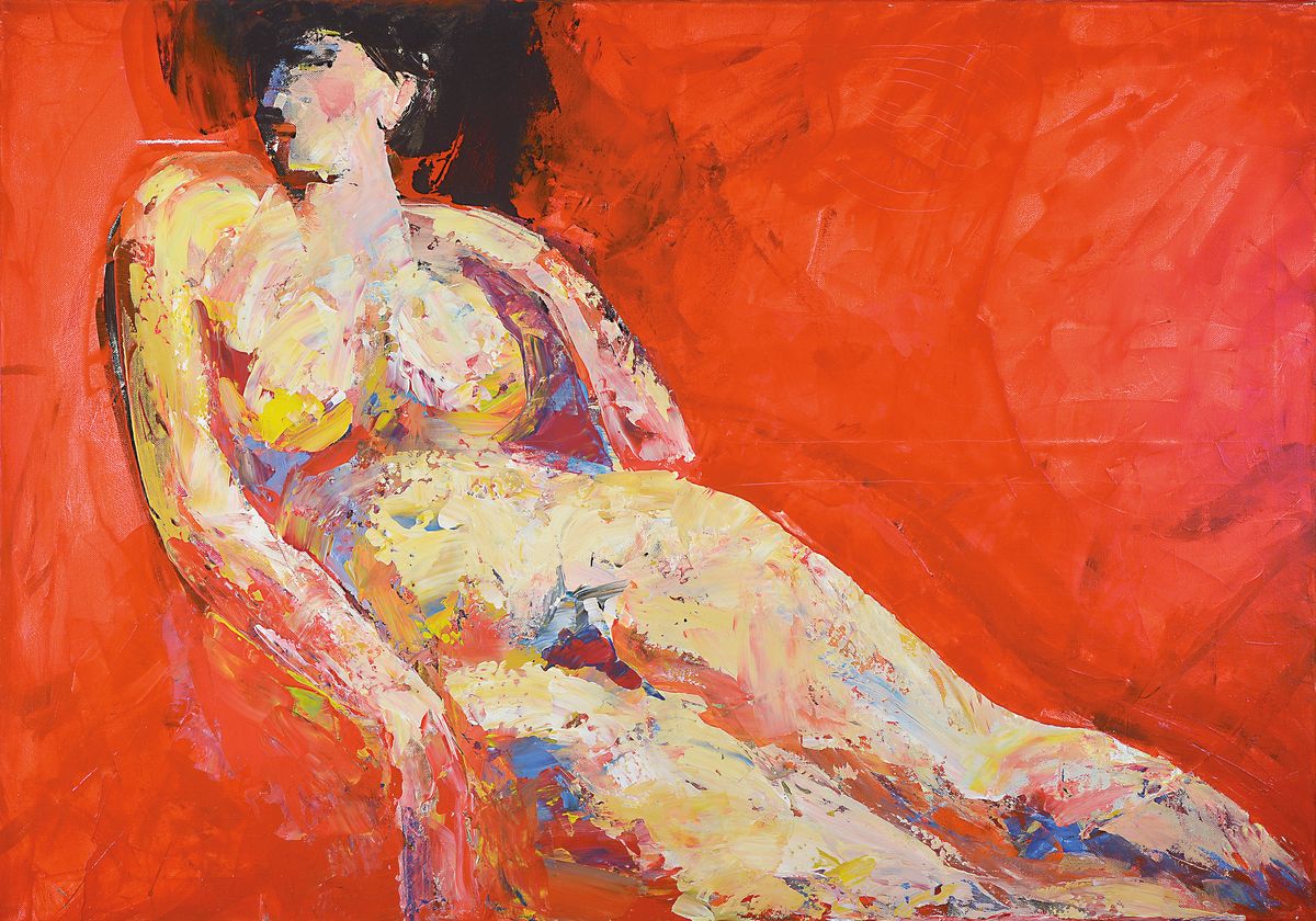 Detail b: Anrej Peters, zeitgenössischer Künstler aus Worms, geb. 1960 in Russland, Studium an der Kunstakademie Moskau, hier: drei Acrylarbeiten, a. junge ...