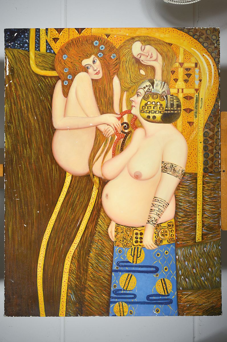 Detail k: Anrej Peters, zeitgenössischer Künstler aus Worms, geb. 1960 in Russland, Studium an der Kunstakademie Moskau, hier: drei Acrylarbeiten, a. junge ...