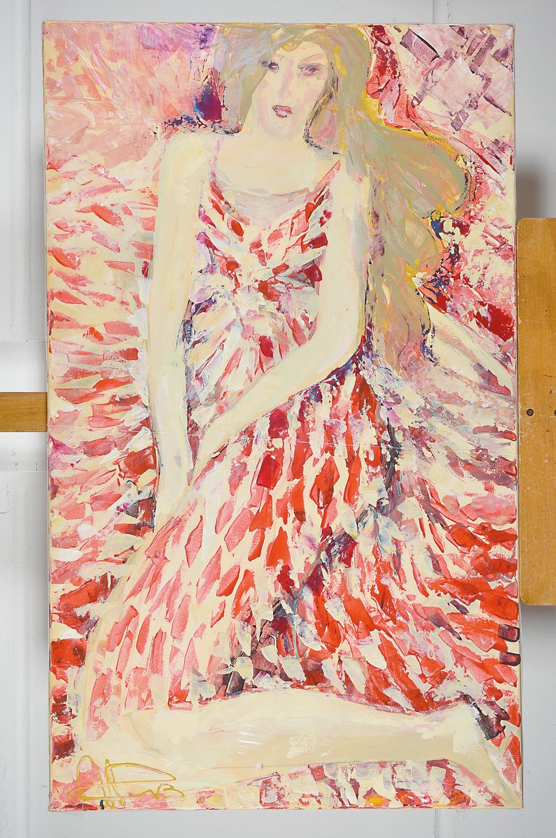 Detail l: Anrej Peters, zeitgenössischer Künstler aus Worms, geb. 1960 in Russland, Studium an der Kunstakademie Moskau, hier: drei Acrylarbeiten, a. junge ...