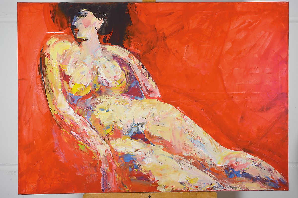 Detail m: Anrej Peters, zeitgenössischer Künstler aus Worms, geb. 1960 in Russland, Studium an der Kunstakademie Moskau, hier: drei Acrylarbeiten, a. junge ...