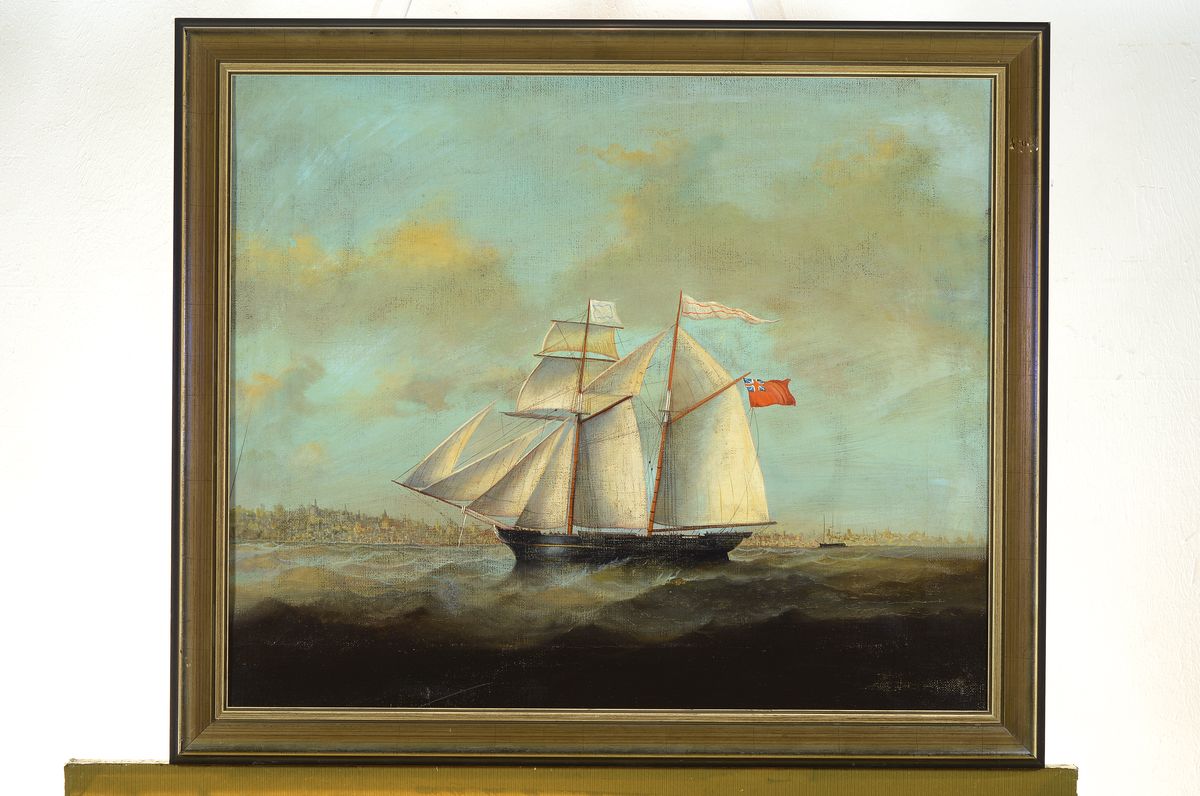Detail k: Kapitänsbild, 2. Hälfte 19. Jh., Kanadische Brigg vor Quebec, Öl/Lwd, restauriert, ca. 50x60cm, R. ca. 56x66cm