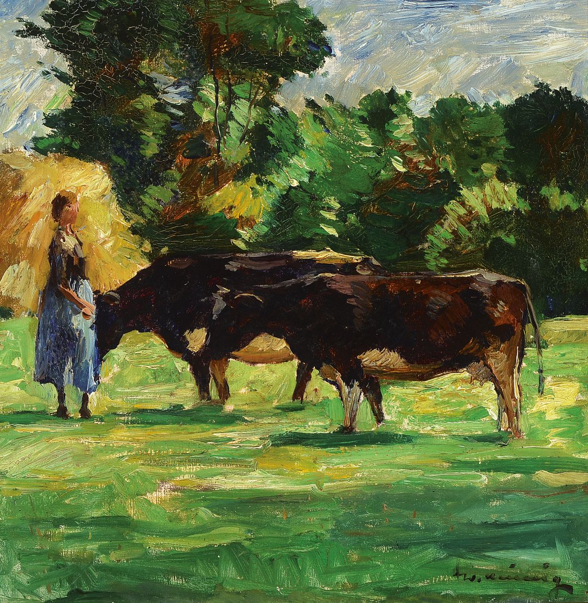 Walter Heimig, 1881 Wesel-1955 Bad Ems, Studium an der Akademie Düsseldorf bei E.v.Gebhardt und Claus Meyer, hier: Bauernmädchen mit zwei Kühen, ...