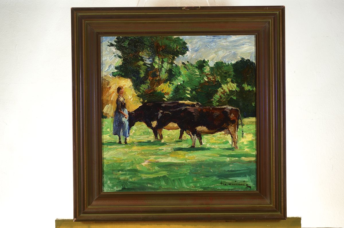 Detail k: Walter Heimig, 1881 Wesel-1955 Bad Ems, Studium an der Akademie Düsseldorf bei E.v.Gebhardt und Claus Meyer, hier: Bauernmädchen mit zwei Kühen, ...