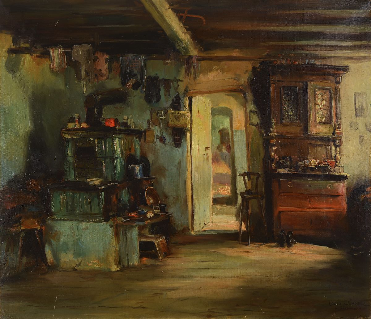 Louis Wöhner, 1888 Coburg-1958 München, Studium an der Akademie München, hier: Interieur mit Kachelofen, Öl/Lwd, rechts unten signiert und bez.: ...
