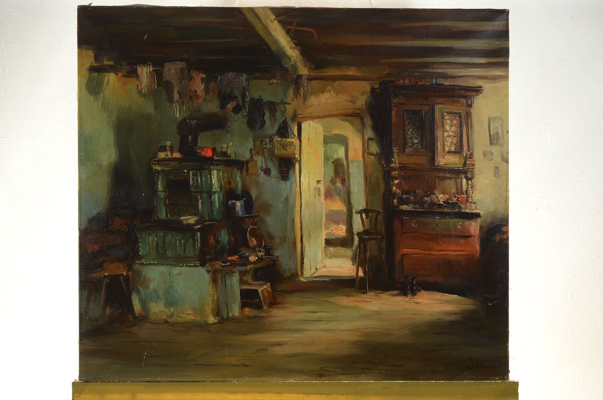 Detail k: Louis Wöhner, 1888 Coburg-1958 München, Studium an der Akademie München, hier: Interieur mit Kachelofen, Öl/Lwd, rechts unten signiert und bez.: ...