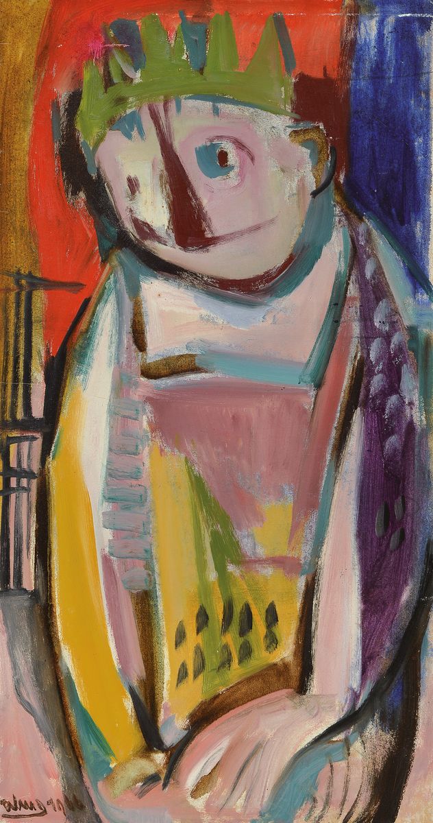 Otto Schmitt-Groß, 1900 Wilgartswiesen - 1965 Bad Dürkheim, König, Öl/ Platte, signiert, dat. 1966, ca. 79 x 42 cm, auf dunkel bezogene Platte ...