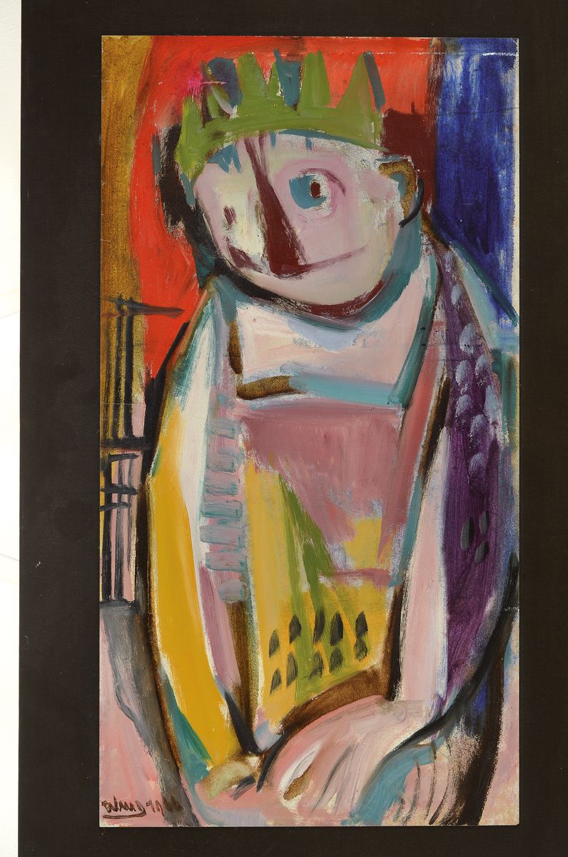 Detail k: Otto Schmitt-Groß, 1900 Wilgartswiesen - 1965 Bad Dürkheim, König, Öl/ Platte, signiert, dat. 1966, ca. 79 x 42 cm, auf dunkel bezogene Platte ...