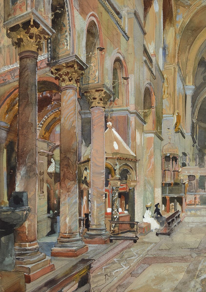 Heinrich Herrmanns, 1862-1942 Düsseldorf, Interieur, Ansicht von San Marco in Venedig, Aquarell auf Papier, rechts unten monogr. (durch Rahmen ...