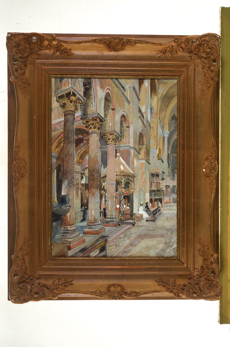 Detail k: Heinrich Herrmanns, 1862-1942 Düsseldorf, Interieur, Ansicht von San Marco in Venedig, Aquarell auf Papier, rechts unten monogr. (durch Rahmen ...