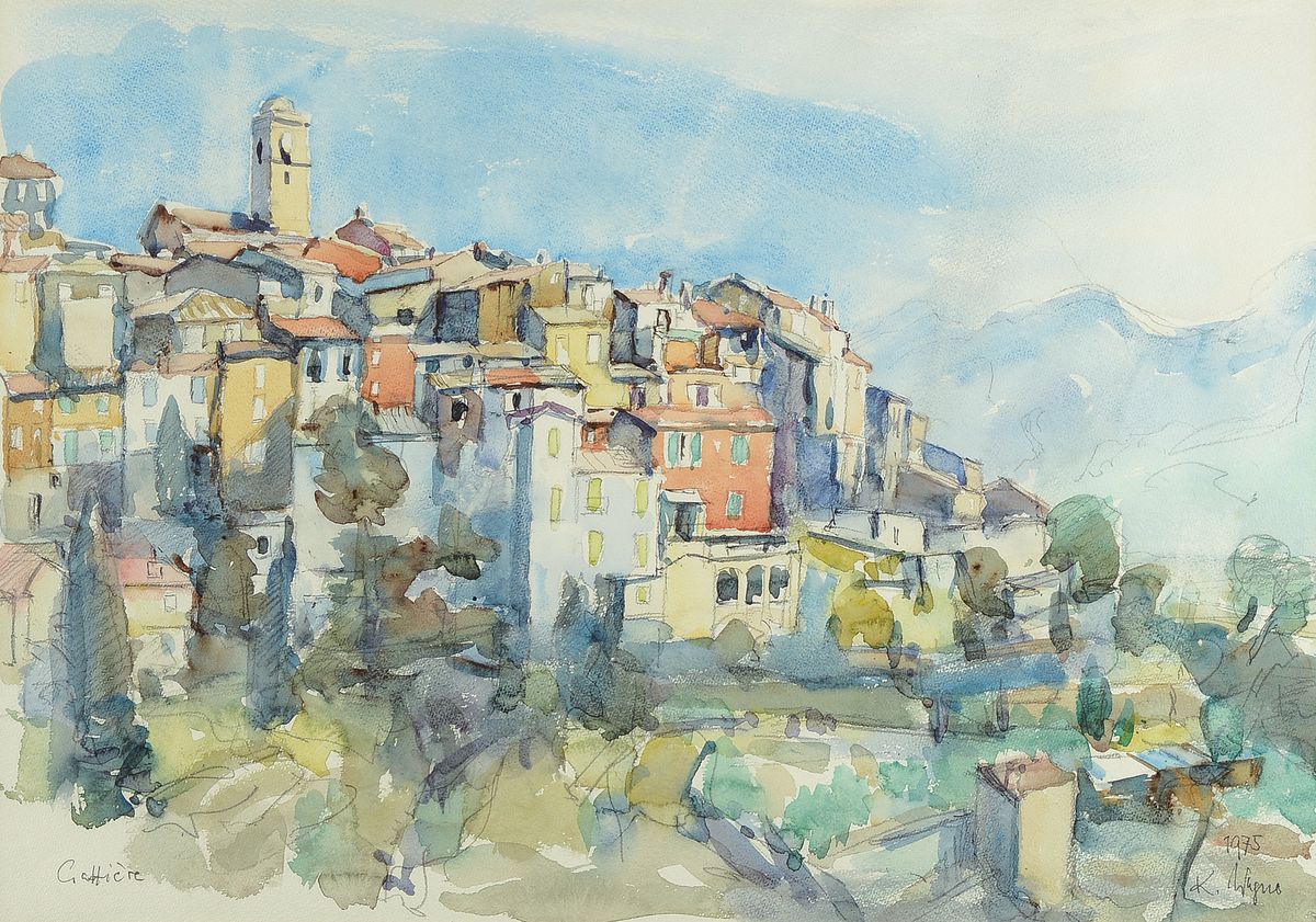 K. Wagner, datiert 1975, Ansicht von Gattières (Südfrankreich, Alpes maritimes), Aquarell über Bleistift, rechts unten sign. und dat., ca. ...