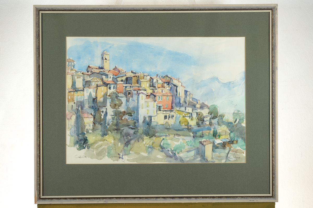 Detail k: K. Wagner, datiert 1975, Ansicht von Gattières (Südfrankreich, Alpes maritimes), Aquarell über Bleistift, rechts unten sign. und dat., ca. ...