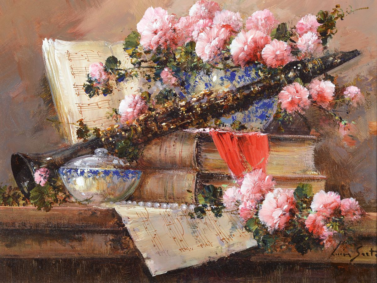Lucia Sarto, geb. 1950 Porporetto bei Udine,Stillleben mit Rosen, Musiknoten und Klarinette, Öl/Lwd, rechts unten signiert, ca. 30x40cm, R. ca. ...