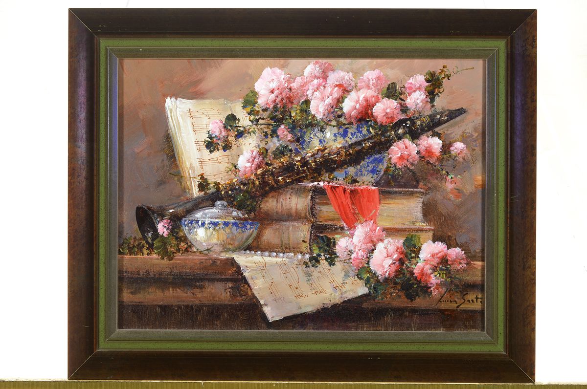 Detail k: Lucia Sarto, geb. 1950 Porporetto bei Udine,Stillleben mit Rosen, Musiknoten und Klarinette, Öl/Lwd, rechts unten signiert, ca. 30x40cm, R. ca. ...