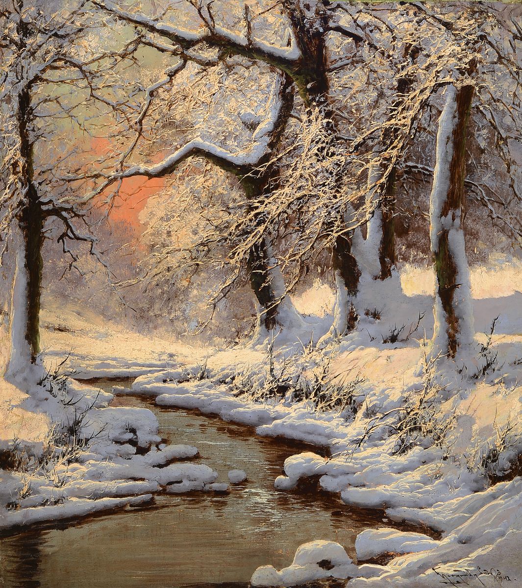 Laszlo Neogrady, 1896-1962 Budapest, Verschneite Winterlandschaft mit Bäumen und Bachlauf, Morgenstimmung, Öl/Lwd, gelungene Tiefenwirkung, ...