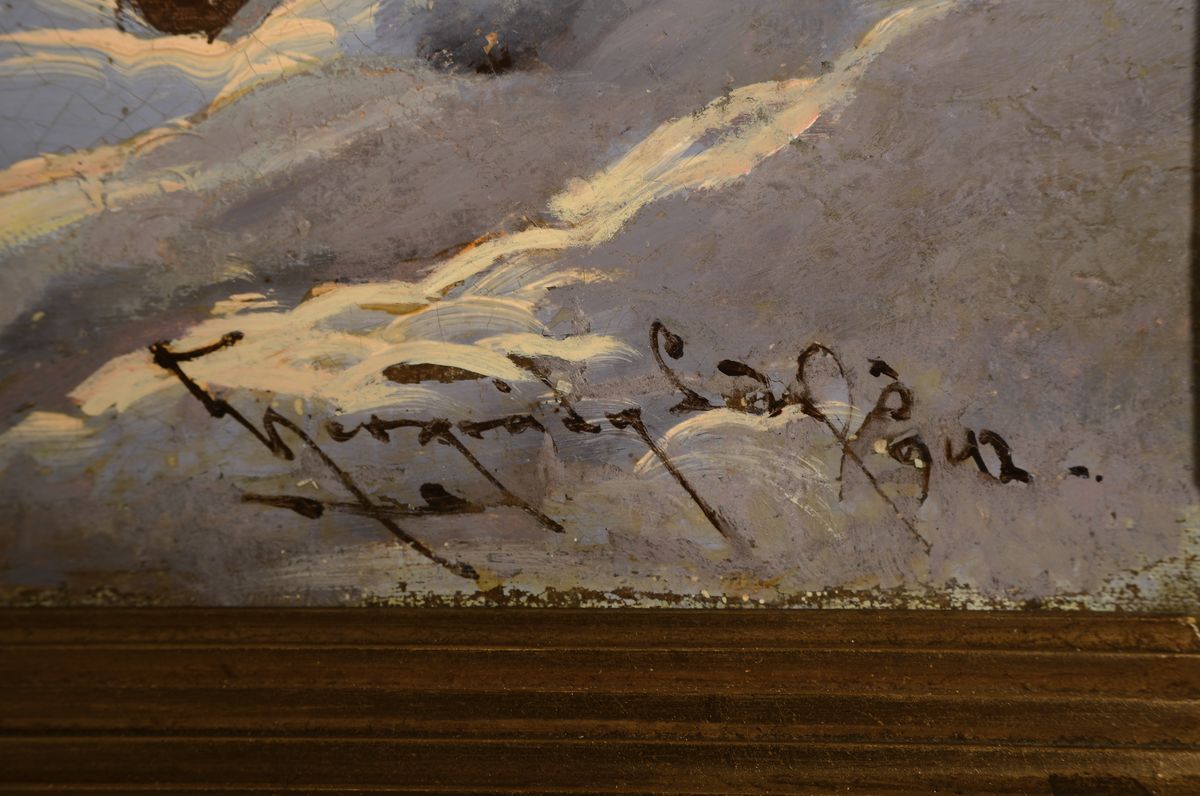 Detail a: Laszlo Neogrady, 1896-1962 Budapest, Verschneite Winterlandschaft mit Bäumen und Bachlauf, Morgenstimmung, Öl/Lwd, gelungene Tiefenwirkung, ...