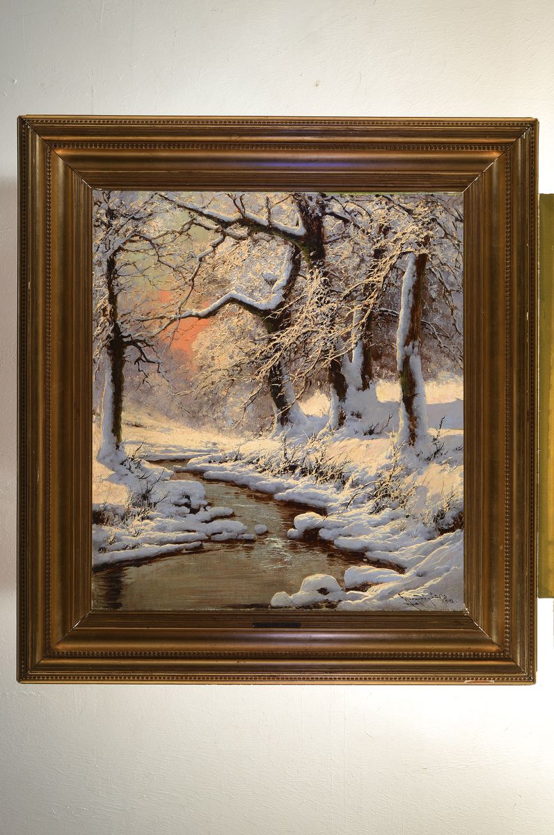 Detail k: Laszlo Neogrady, 1896-1962 Budapest, Verschneite Winterlandschaft mit Bäumen und Bachlauf, Morgenstimmung, Öl/Lwd, gelungene Tiefenwirkung, ...