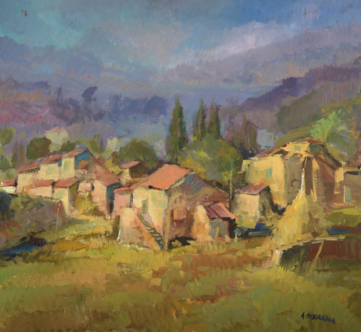 Antonio Sbrana, geb. 1934 Maremma, Studium an den Akademien Rom und Florenz, hier: Casolari in Luce, rückseitig so betitelt, Öl/Hartfaser, rechts ...