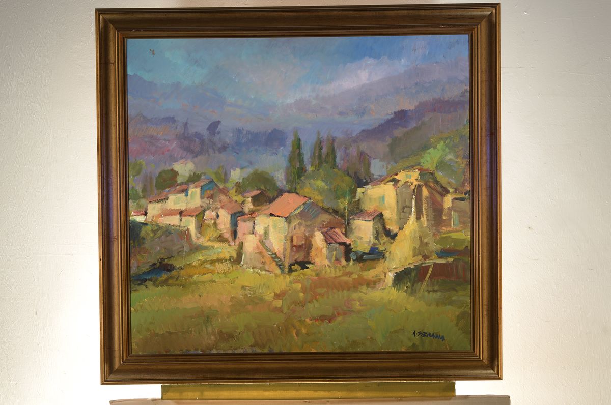 Detail k: Antonio Sbrana, geb. 1934 Maremma, Studium an den Akademien Rom und Florenz, hier: Casolari in Luce, rückseitig so betitelt, Öl/Hartfaser, rechts ...