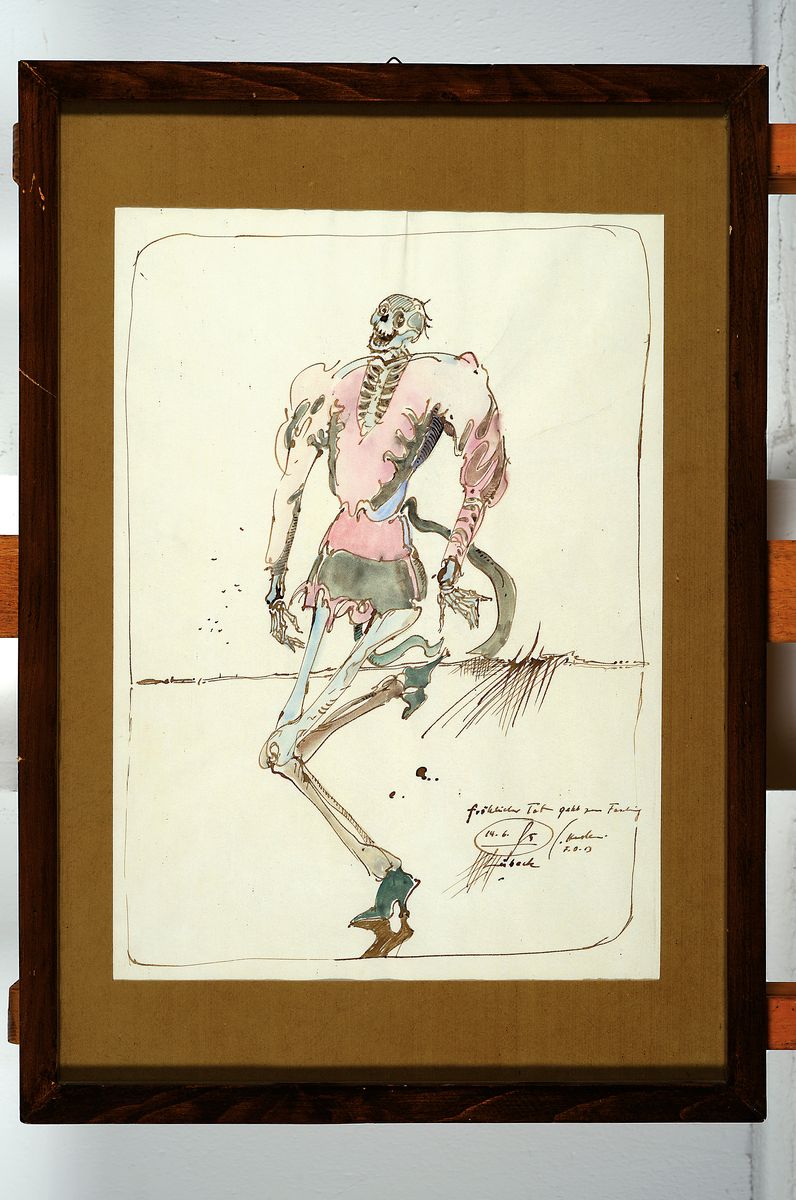 Detail k: Gizela Hudler, geb. 1934, fröhlicher Tod geht zum Fasching, Aquarell auf Papier, signiert, dat. 13, betitelt, ca. 37x27cm