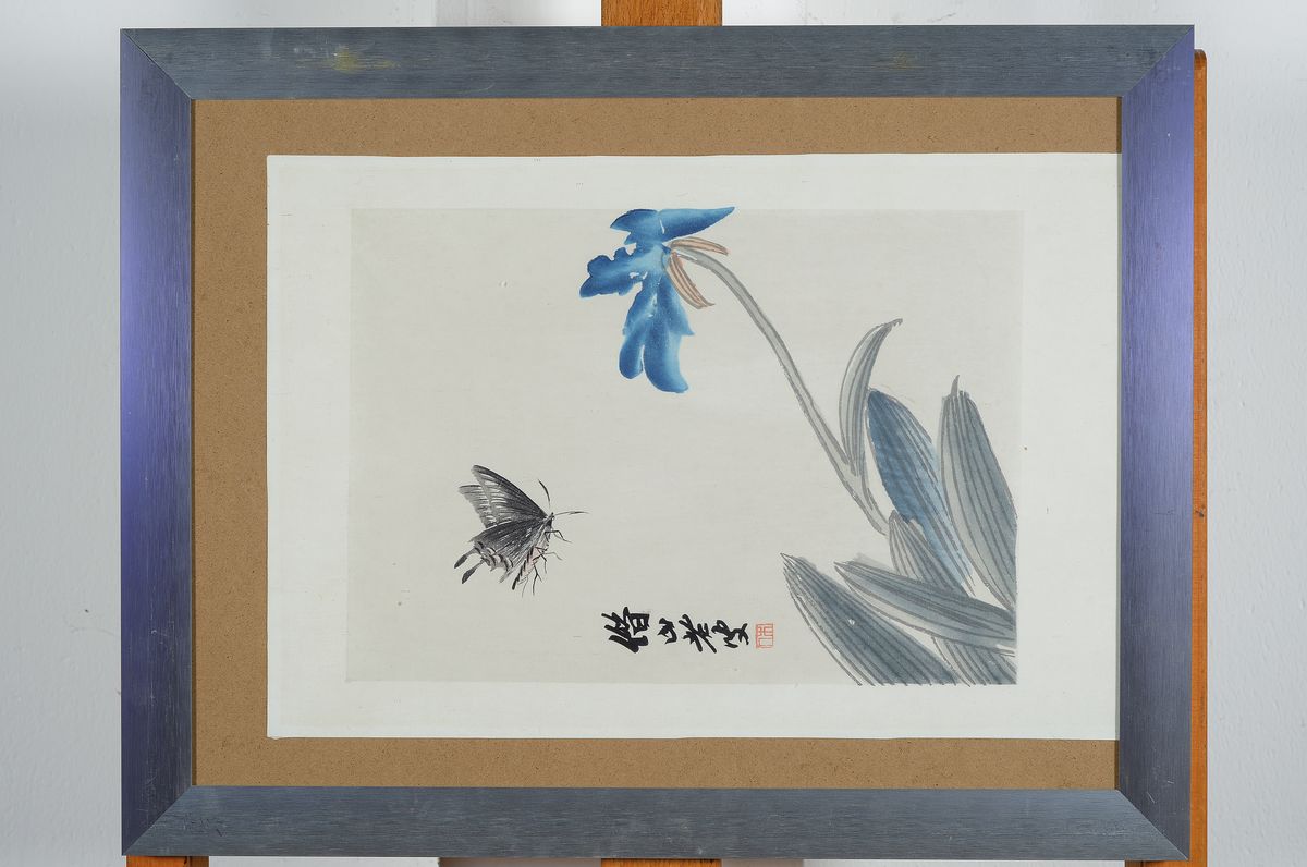 Detail k: Qi Baishi, 1864 - 1957, Holzschnitt auf Reispapier, Schmetterling, wohl um 1950, Signaturstempel, Provenienz: Nachlass Frank Hanel Galerei Wiesbaden, ...