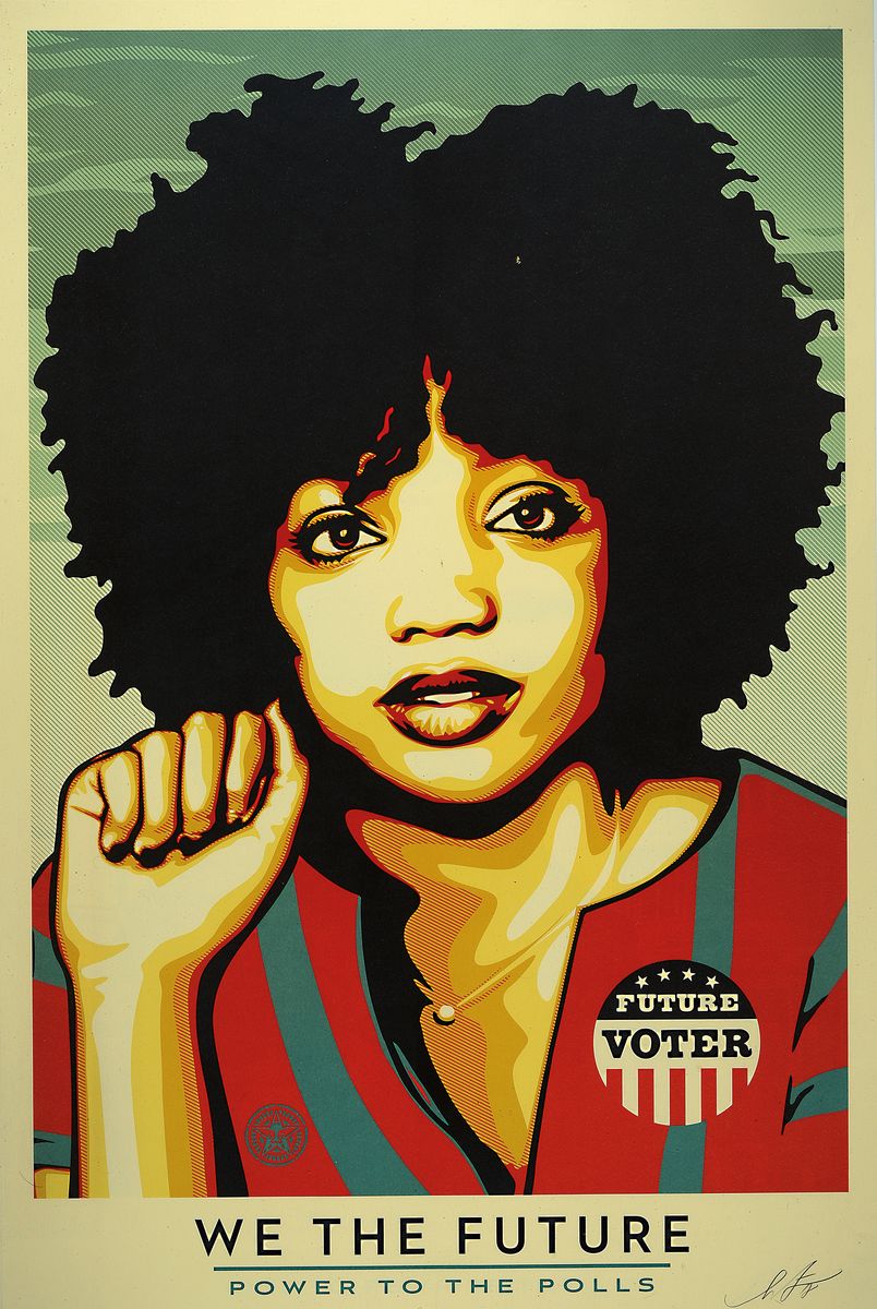 Shepard Fairey, geb. 1970, aus der Serie "We The Future" "Rise To RewriteThe Law", Offsetlitho, handsigniert und dat. 18, 91 x 61 ...