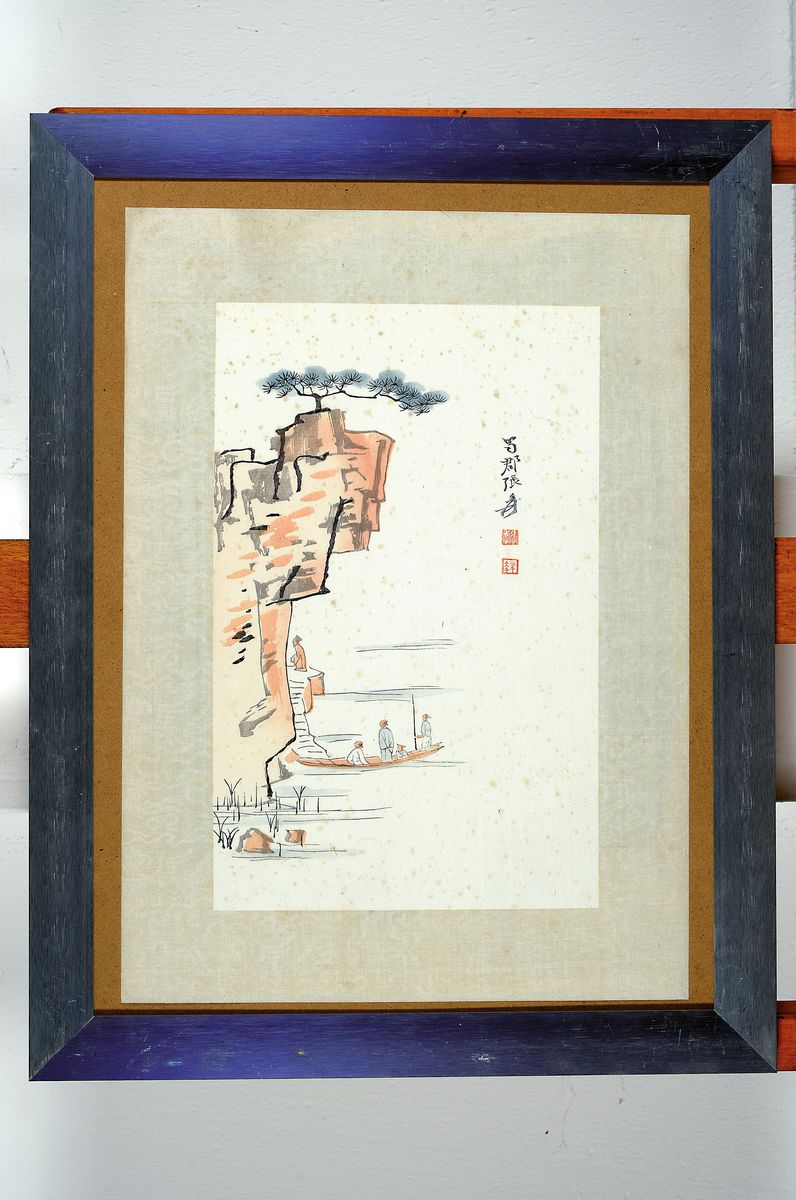 Detail k: Zang Daquian, 1899 - 1983, Holzschnitt auf Reispapier, in Seidenbrokat gefaßt, um 1950, altersbedingt stockfleckig, ca. 38 x 27 cm, Provenienz: ...