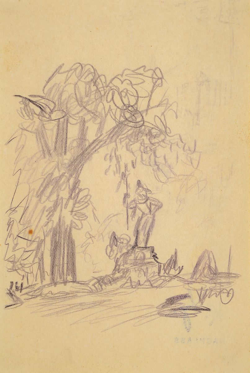 Karl Hubbuch, 1891 - 1979, Skizzenblatt/Zeichnung, mit Nachlaßstempel, Landschaft mit Denkmal, um 1914, PP., 15 x 10 cm