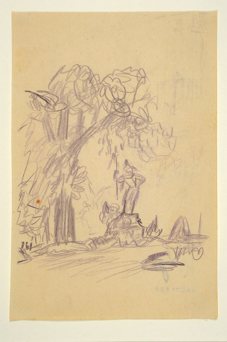 Detail k: Karl Hubbuch, 1891 - 1979, Skizzenblatt/Zeichnung, mit Nachlaßstempel, Landschaft mit Denkmal, um 1914, PP., 15 x 10 cm