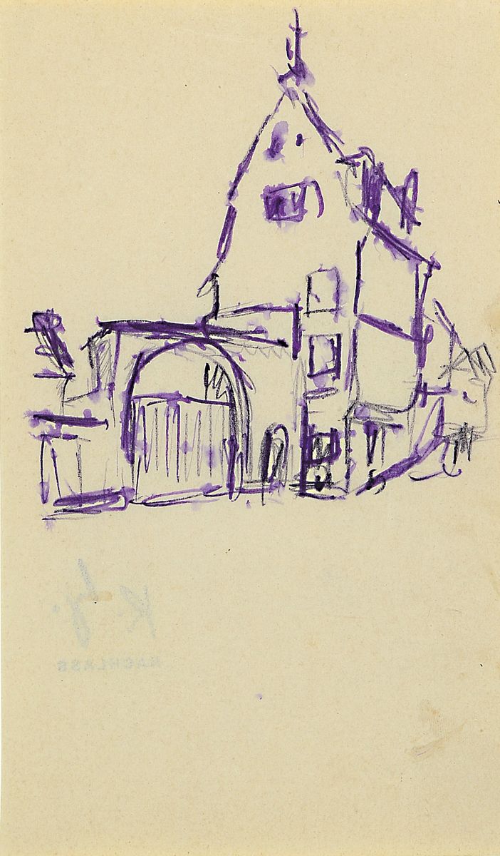 Karl Hubbuch, 1891 - 1979, Skizzenblatt/Zeichnung, mit Nachlaßstempel rückseitig, Dorfstraße, um 1914, PP., 10 x 15