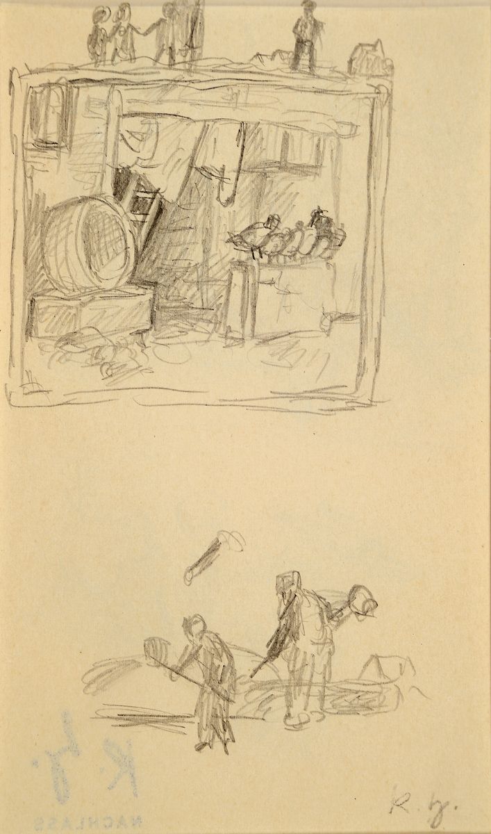 Karl Hubbuch, 1891 - 1979, Skizzenblatt/Zeichnung, mit Nachlaßstempel, vier versch. bäuerliche Szenen auf Vorder- undRückseite, um 1914,eine Seite ...