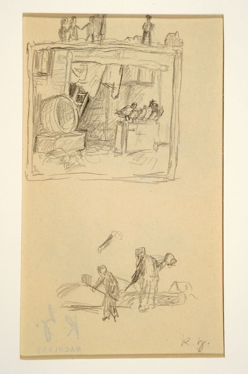 Detail k: Karl Hubbuch, 1891 - 1979, Skizzenblatt/Zeichnung, mit Nachlaßstempel, vier versch. bäuerliche Szenen auf Vorder- undRückseite, um 1914,eine Seite ...
