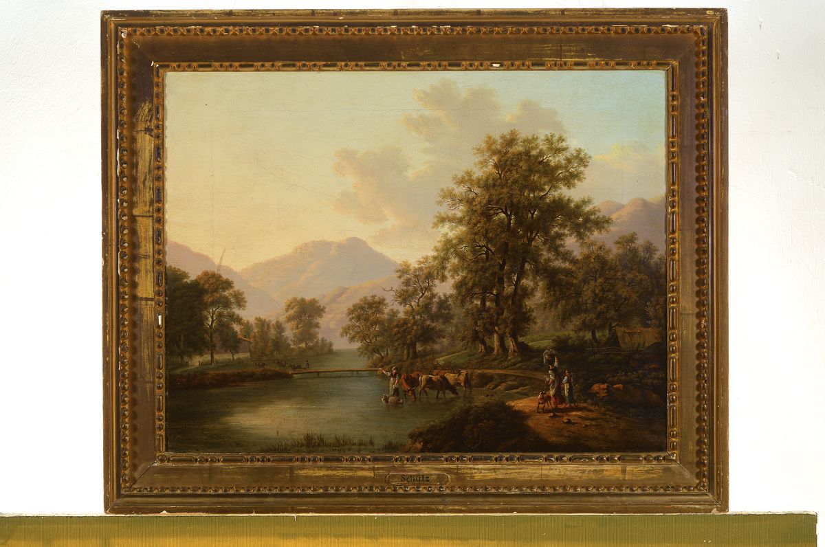 Detail k: Umkreis Christian Georg Schütz, 1758 - 1823, romantische Landschaftsdarstellung in Mittelgebirgslandschaft, Öl/Lwd, im Vordergrund Hirtin mit ...